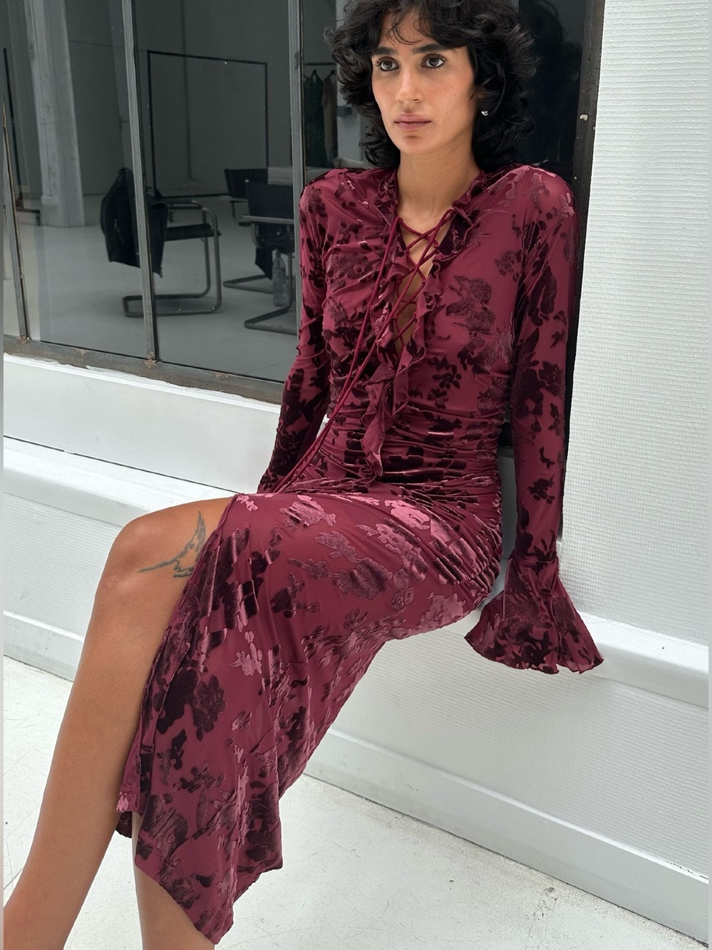 SAEMDI Flocked Mesh Dress